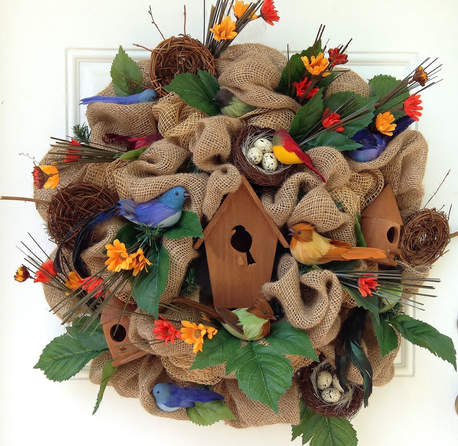 Burlap Wreath with Birds and Birdhouses