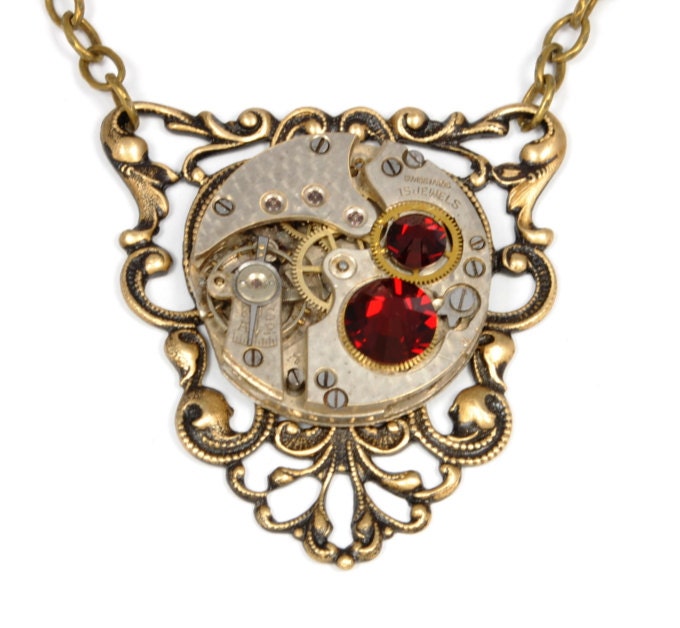 Steampunk Jewelry Steampunk Necklace Vintage Watch Necklace Sassy Red Antique Brass Steam Punk Jewelry by VictorianCuriosities