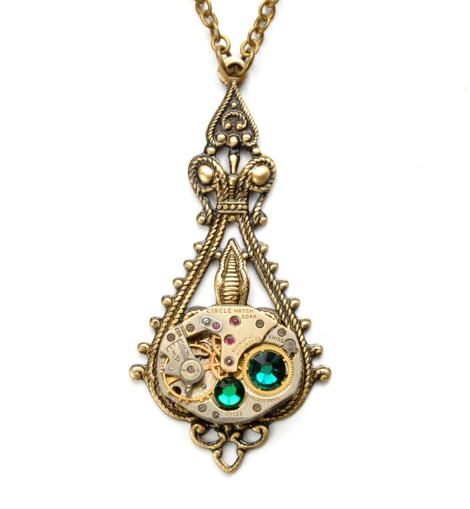 Steampunk Jewelry Steampunk Necklace Vintage Jeweled Watch Emerald Green Necklace Antique Brass Steam Punk Jewelry by Victorian Curiosities