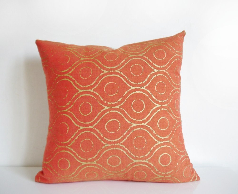 Orange pillow - orange and metallic gold indian inspired organic cotton cushion cover, hand printed throw pillow