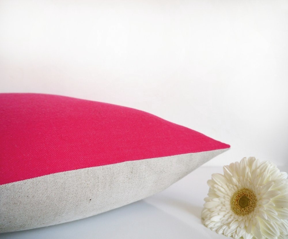 Pink pillow in denim and natural linen, hot neon pink throw pillow cushion cover