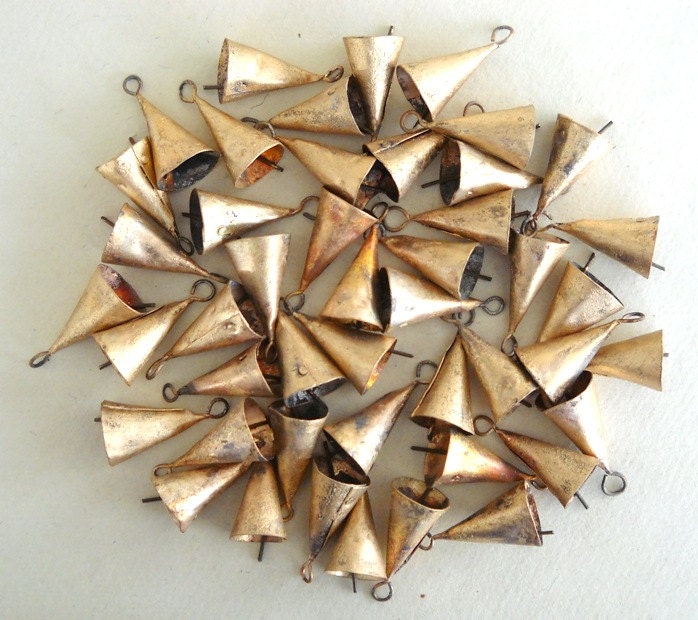 100 Golden Colored Hand Made Unique Conical Shaped Bells with Rough Look for Wind Chimes, Altered Art -with Jute Rope - DIY - MV110