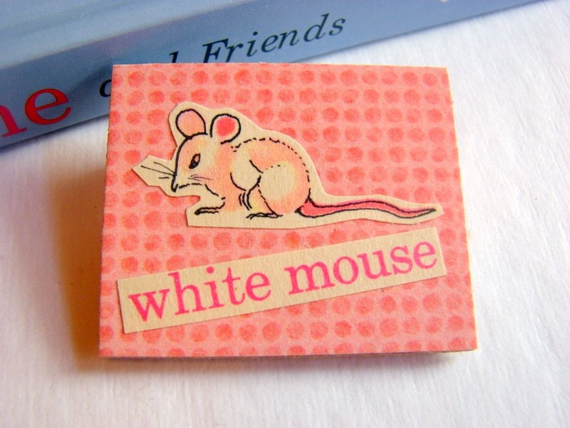 Collage Pin Brooch - At The Pet Shop - White Mouse - Small Chipboard Decoupage Badge - Animal Cat Retro Kitsch
