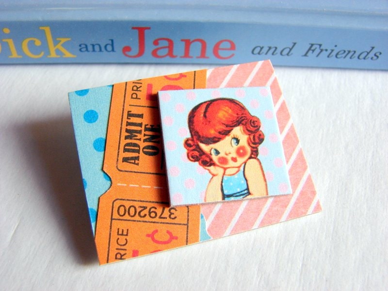 Collage Brooch - Redhead Girl With Curls - Md 3D Dimensional Paper and Chipboard Decoupage Pin Badge - Vintage Retro