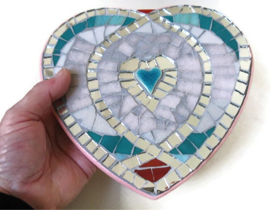 Heart Wall Hanging Mosaic Mother's Day Art Home Decoration Mirror Glass Pink Teal Red