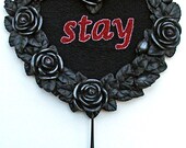mixed media art - If Love Could Save You (stay) - dark romance, heart, black roses, teardrop pendant, hand beaded, assemblage