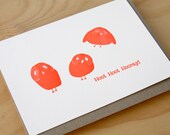 Cute Owl letterpress birthday card in neon orange Hoot Hoot Hooray - quirky fun animal card. 100% cotton white card, Kraft envelope