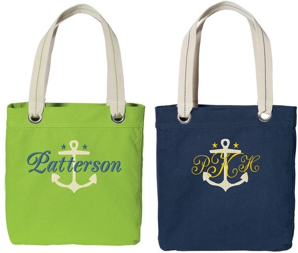 Personalized Monogram Embroidered  Tote Bag Purse Beach Book Nautical Anchor Turquiose, Black, Red, Purple, Orange, Lime, Navy, Hot Pink