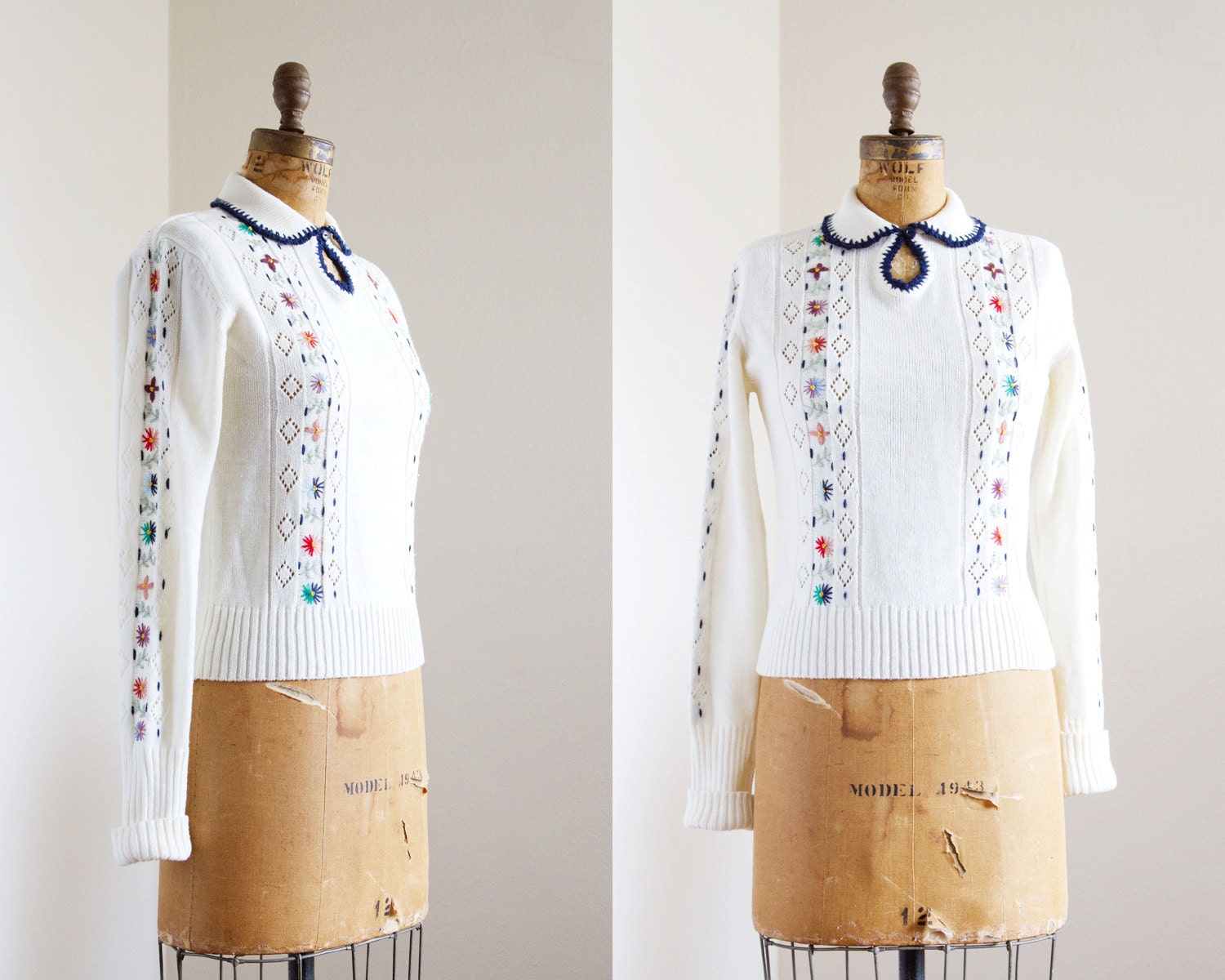 Vintage 1980s Sweater - 80s Sweater - Cream Embroidered Sweater