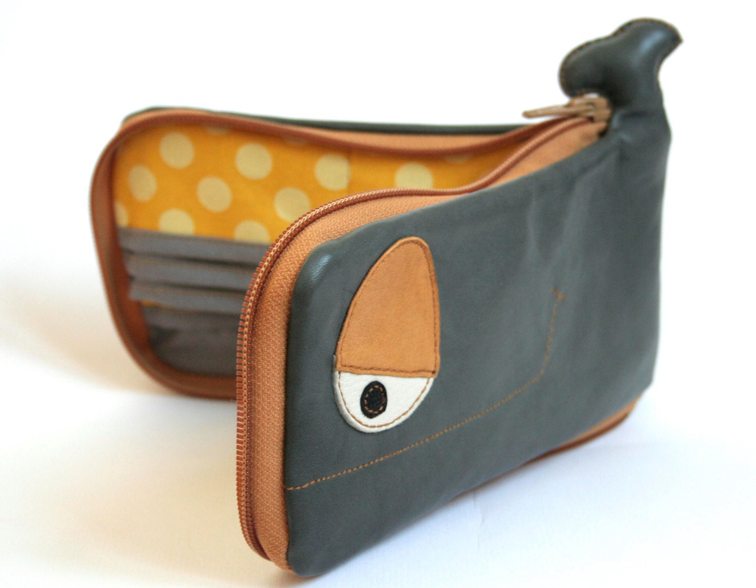 Grey Yellow Whale large leather wallet, yellow polka dots inside, genuine leather and designer fabric -ooak- ready to ship