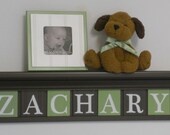 Brown and Green Nursery Baby Boy Name ZACHARY on 30" Chocolate Brown Shelf - 7 Wood Wall Letters