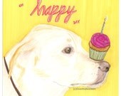 Yellow Labrador Waits for  Pink Birthday Cupcake Oh Happy Day Greeting Card Wall Art Fine Art