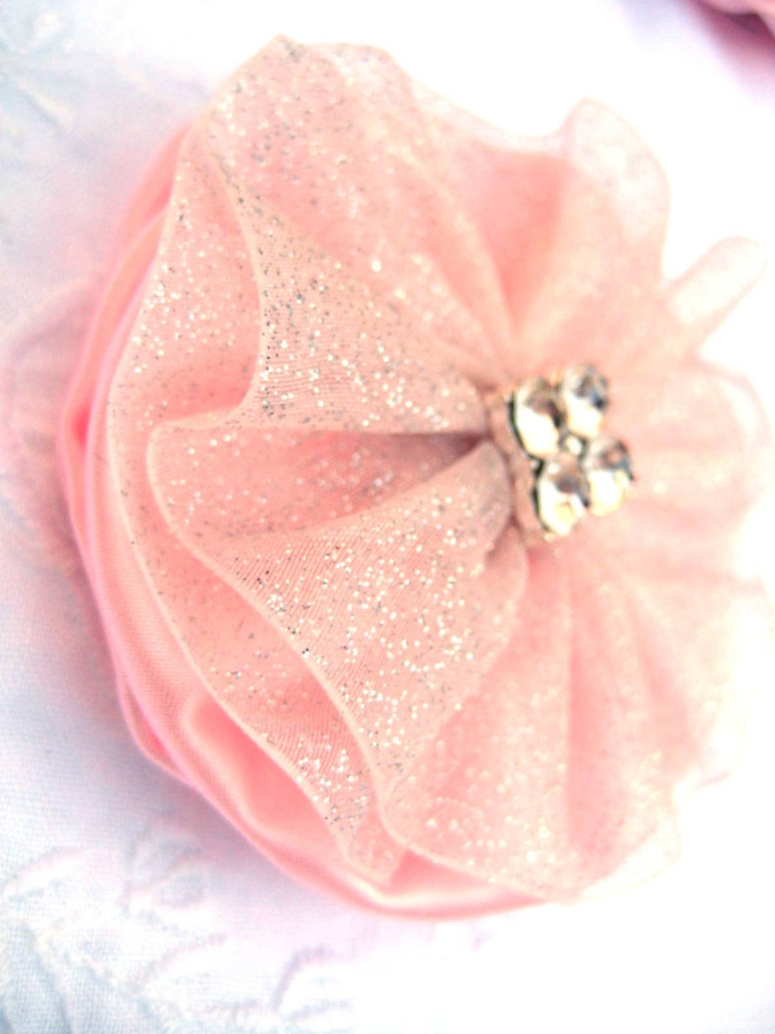 Pink Hair Bow made from Satin and Organza with Crystal Accents - Wedding Accessory
