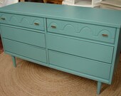 Vintage Reclaimed Mid Century Mod Deco Robin Egg Painted Media Baby Credenza Console Long Dresser Chest (CALL for a SHIP Quote)