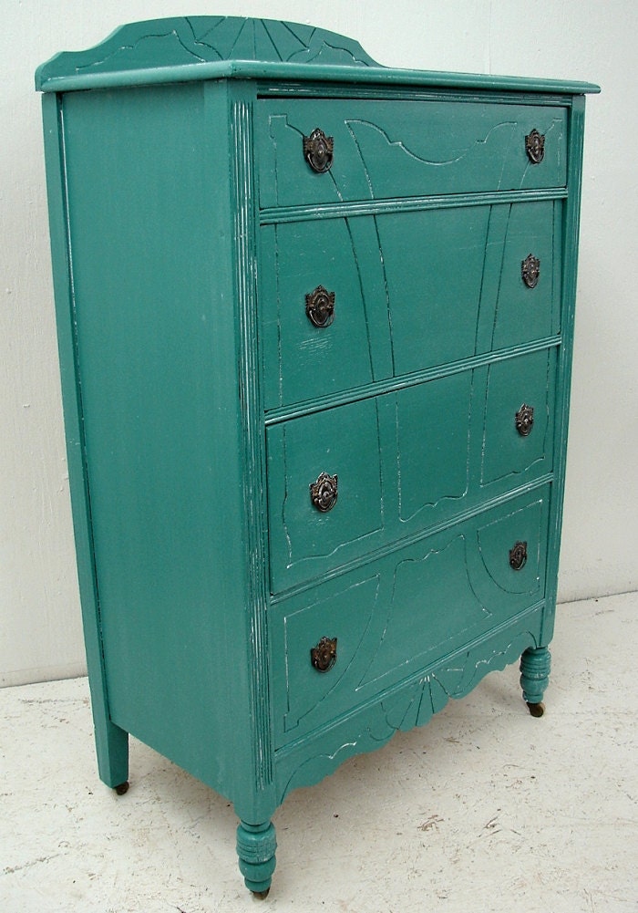 Vintage Antique Reclaimed Turquoise Painted Lime Washed Shabby Chic Cottage Dresser Chest of Drawers (HAI) Call for SHIP QUOTE