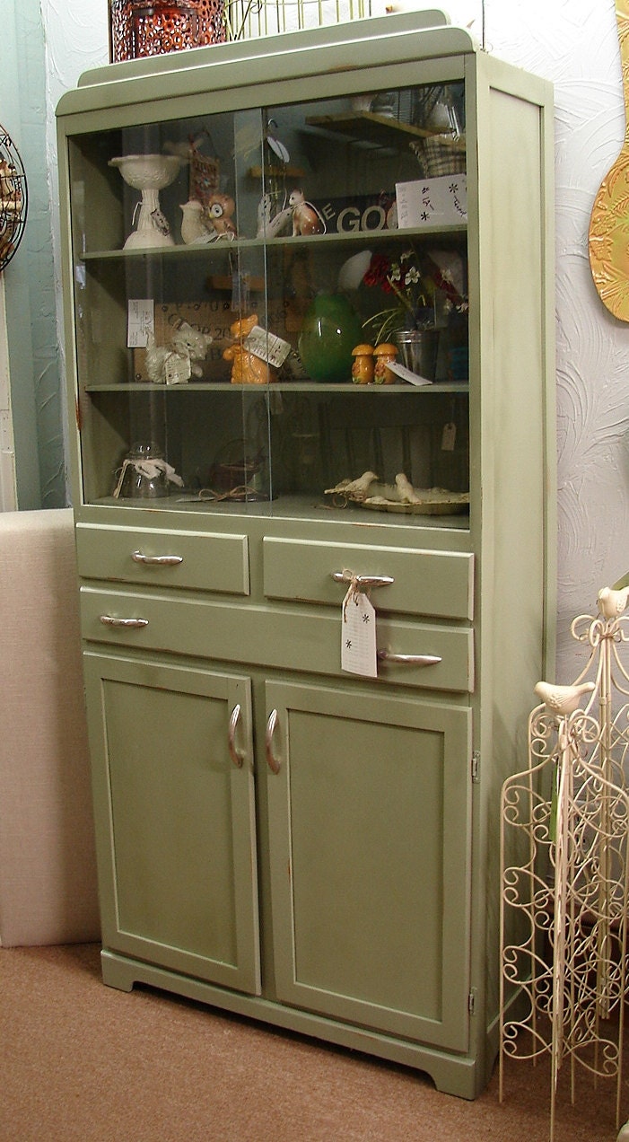 Reclaimed Vintage Sage Paint Art Deco Retro Bookcase China Cabinet Kitchen Cupboard w Sliding Glass Doors (AU) (Call for a ship quote)