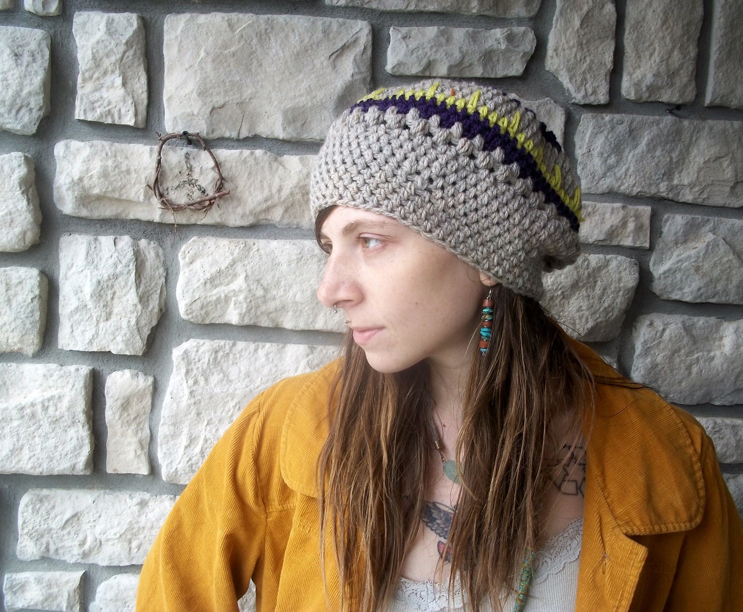 Wool Slouchy Beanie / grey crochet womens hippie slouch tam hat beanie / gray and purple