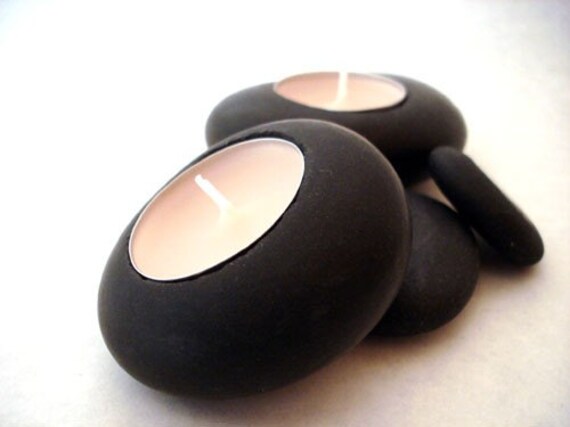 Black Pebble Candleholders - Set of Two