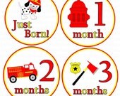 Monthly Onesie Stickers - Richard - NEW - Lil Firefighter Truck, Hydrant, Axe, Puppy, Fireman - 13 Stickers (Just Born Sticker Included)