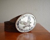 Vintage 70s 80s Silver American Eagle Belt Buckle and Tooled Leather Brown Belt / size 42