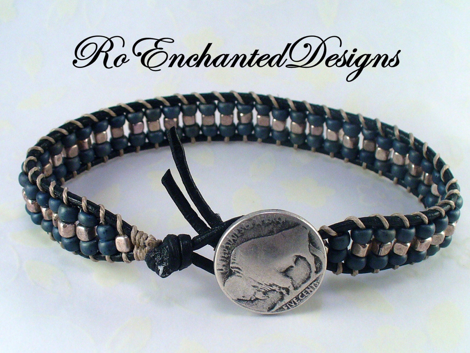 Trendy Unisex Wide Single Wrap Leather Bracelet - Silver Metal,  Matt Grey Toho Glass, Pewter Buffalo Nickel Button