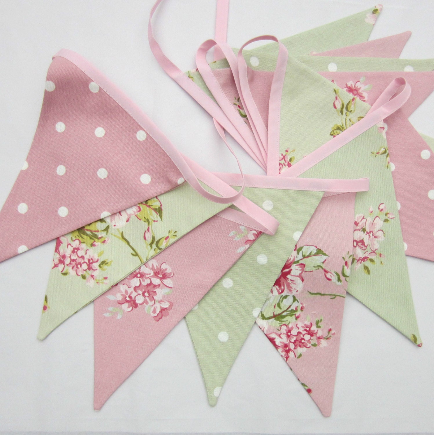 Fabric Bunting Shabby Chic Style Flowers and Dots  Pink Sage Green 12  double sided flags Wedding, Christening, Baby Shower, Birthday Decor