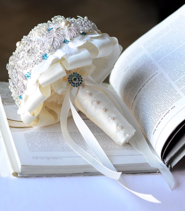Vintage Bridal Brooch Bouquet - Pearl Rhinestone Crystal - Silver Tiffany Teal Blue Ivory -One Day RUSH ORDER Available - BB028LX