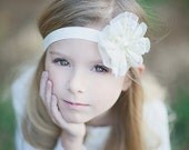 Baby Headband- Ivory Ruffled Lace and Tulle Flower with Pearl Center on Soft Ivory Elastic Headband