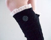 SALE Romantic Frilly Girlie Boot Socks Legwarmers Black With Off White Lace and Button
