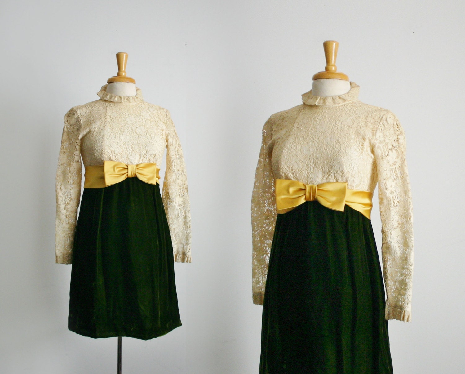 1960s ivory lace bodice with gold bow and dark moss green velvet babydoll dress size small