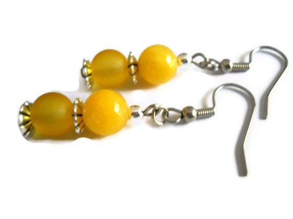 Yellow Earrings, Bold Mustard Yellow, Sunflower Yellow, Seaglass Earrings, Silver Sunshine Glass Beaded Jewelry