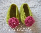 Lemongrass and Bright Pink Hand Knit Baby  Ballet Slippers