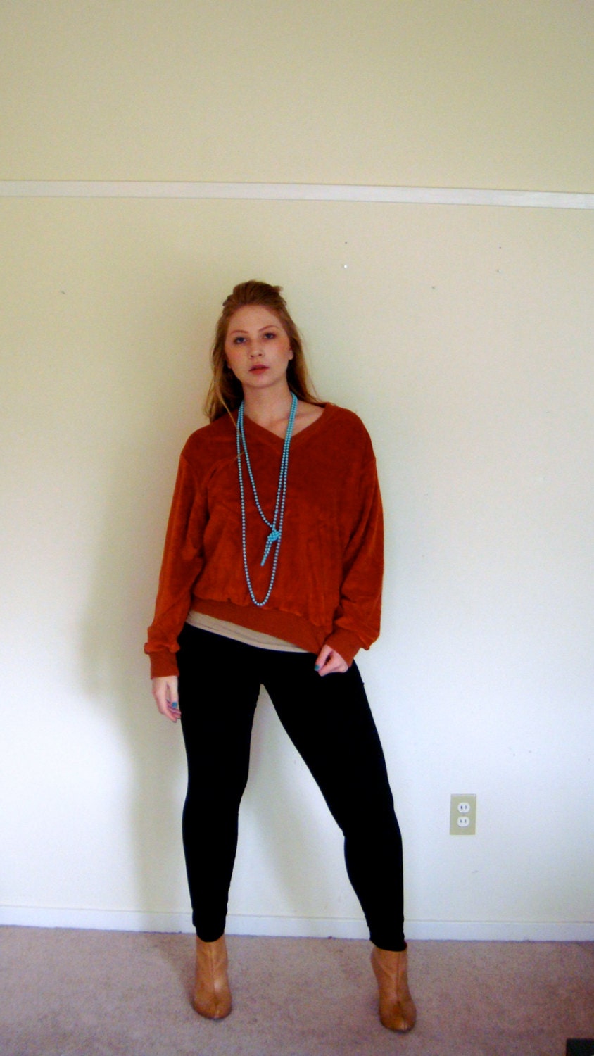 70s- 80s Burnt Orange Terry Cloth Pull Over Unisex V Neck Sweater Size Sm/Med