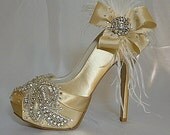 Sparkling Champagne ... champagne satin stilettos with Swarovski crystal and beaded adorned toes and Feathery flourish