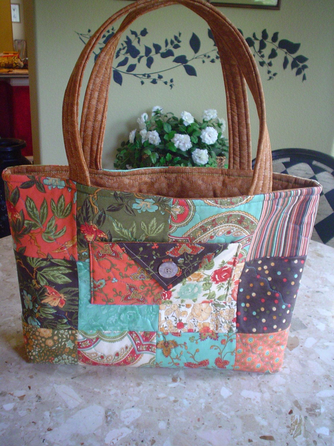 Quilted Tote Batik Cotton Bag Purse Handmade Teal Orange Cream Brown OOAK