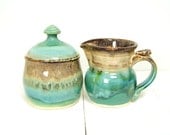 Cream and Sugar Set / Handmade Wheel Thrown Pottery in Cream Brown and Green