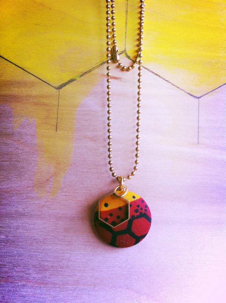 Honeycomb Hexagon Necklace- Small // Red & Mustard