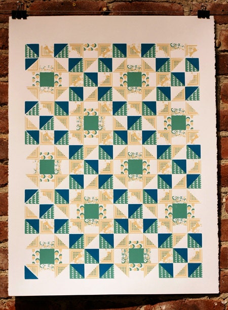 Hand Pulled Quilt Screen Print - Green, Blue, Beige,