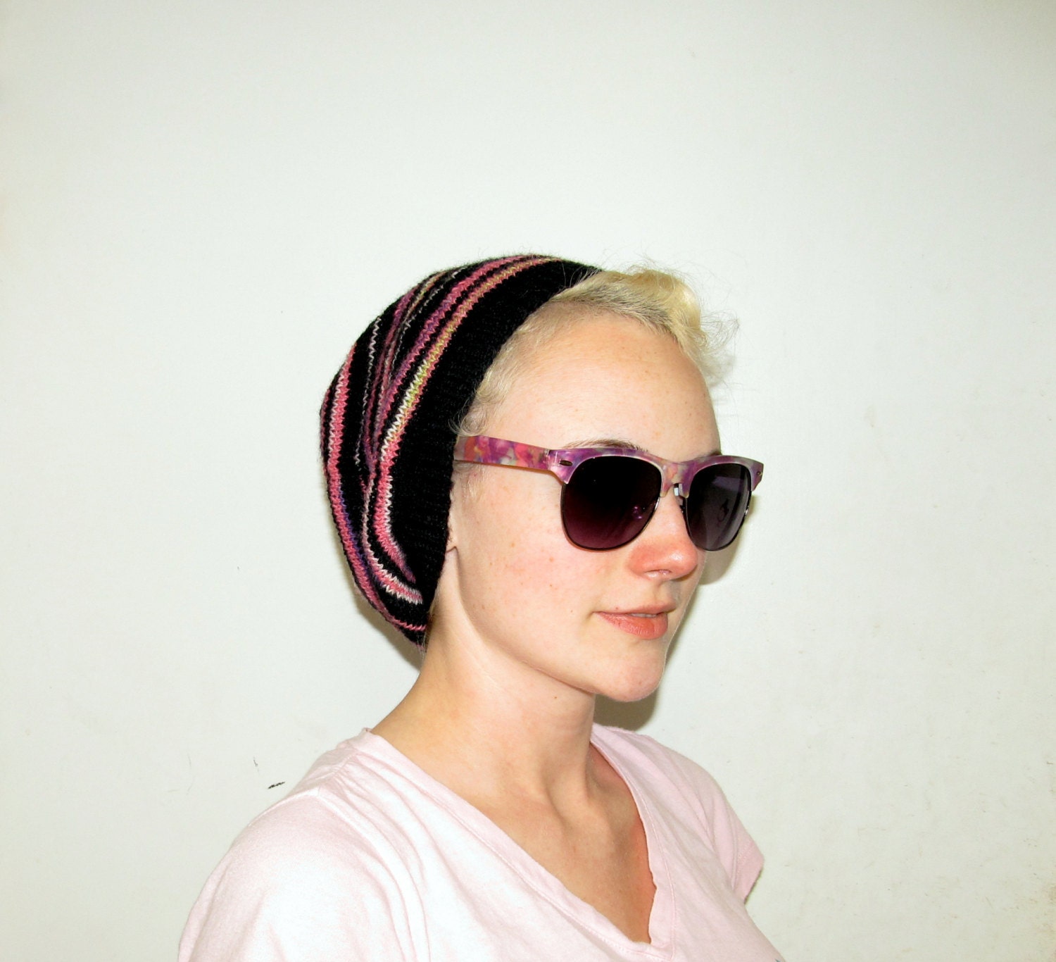 Black and pink multi striped beanie handknit in sock yarn