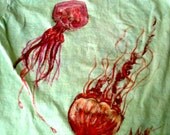 Hand Dyed and Hand Painted Kids Jellyfish TShirt Seafoam Aqua size youth M short sleeved