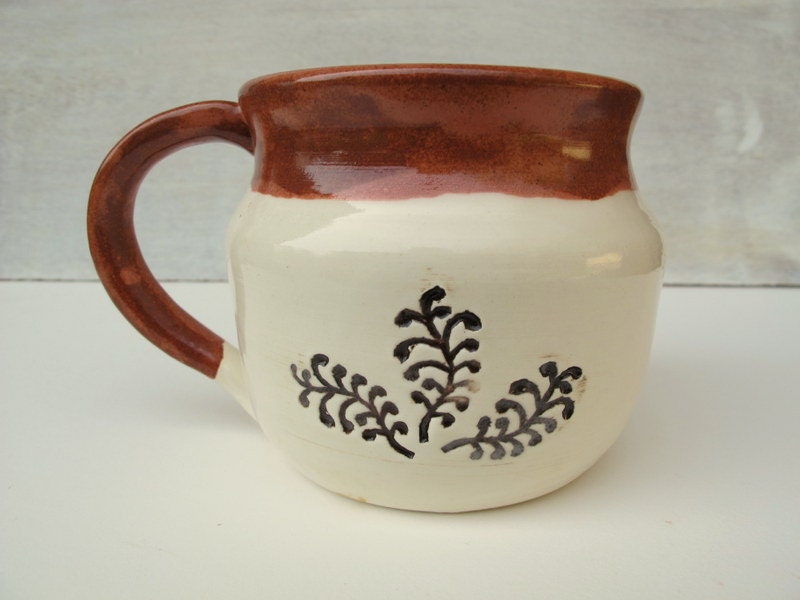 Handmade Ceramic Mug // Pottery Coffee Cup // Coffee Mug with Fern Imprints in Nectarine