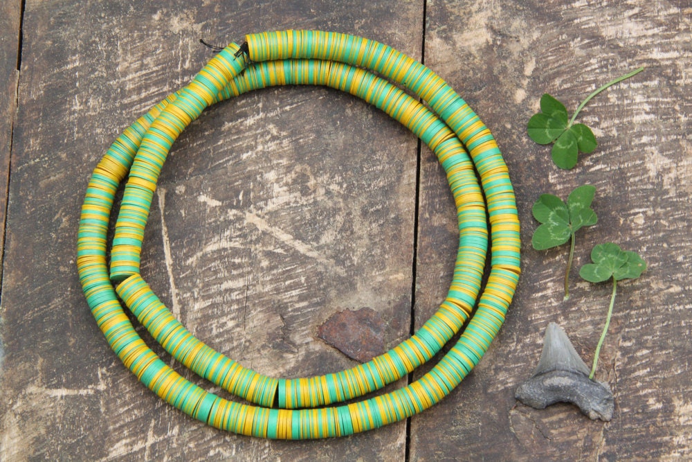 Mellow Yellow: Vintage African Vinyl Record Beads Necklace / Bright Green, Yellow, 10x.5mm / Tribal Summer Festival Boho Fashion, Supplies