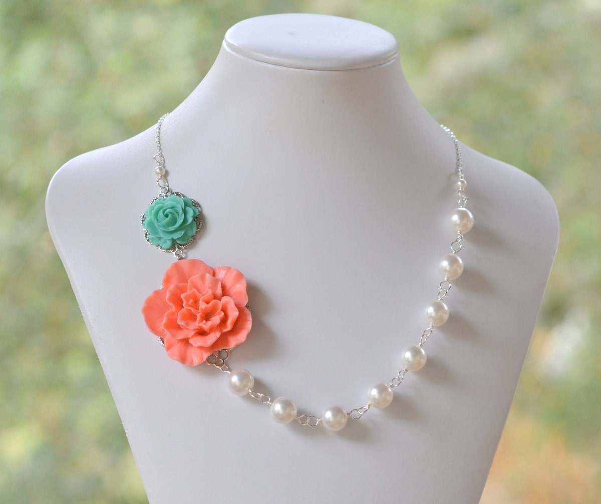 Guava Pink and Turquoise Rose Asymmetrical White Swarovski Pearl Necklace.  Bridesmaid Statement Necklace.  Bridal Party Jewelry.