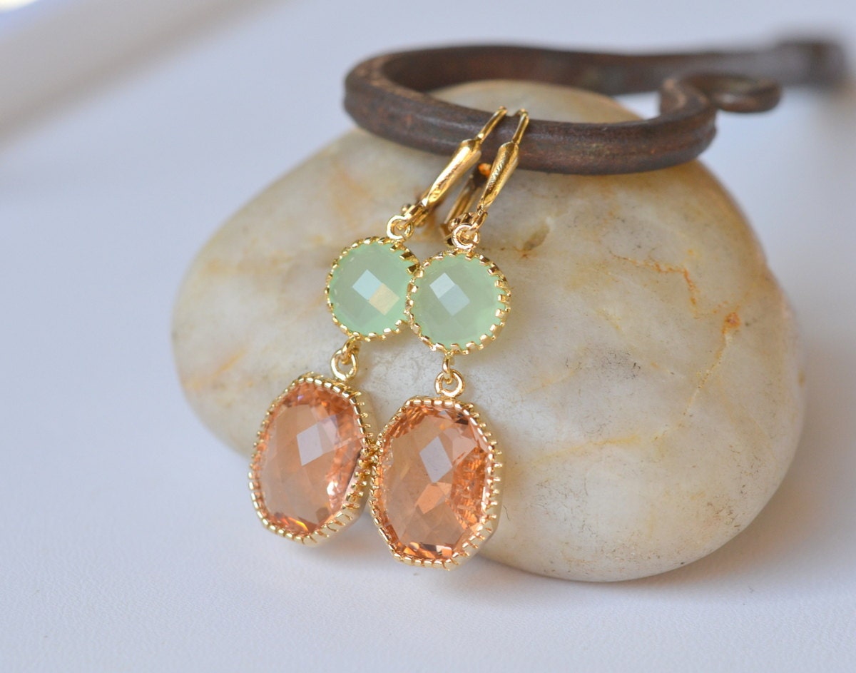 Stunning Peach Champagne Teardrop and Mint Circle Dangle Earrings.  Mint Champagne Dangle Earrings.  Champagne Drop Earrings.