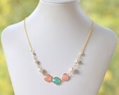 Bridesmaid Jewelry Coral Pink and Turquoise Jewel and White Pearl Statement Fashion Necklace. Wedding Jewelry. Bridal Party Jewelry.