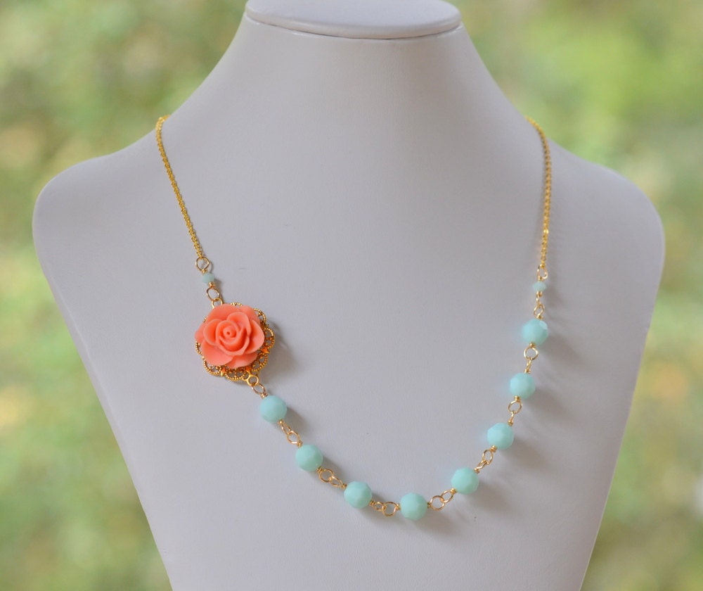 Coral Rose Statement Necklace with Seafoam Mint Alabaster Swarovski Crystals in Gold. Bridesmaid Necklace. Fashion Jewelry.