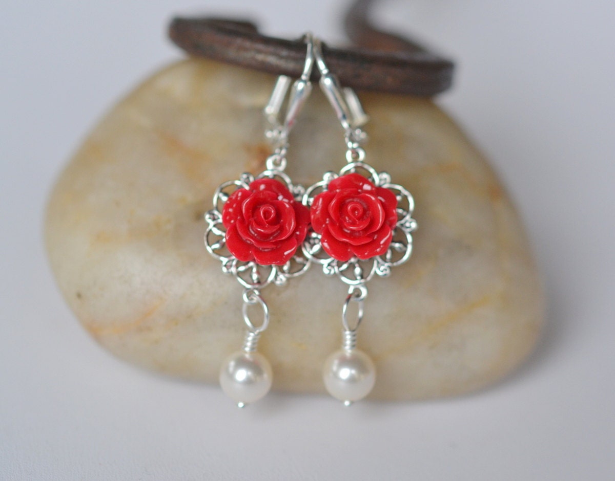 Deep Red Rose and White Swarovski Pearl Bridesmaid Dangle Earrings. Red Wedding Earrings.