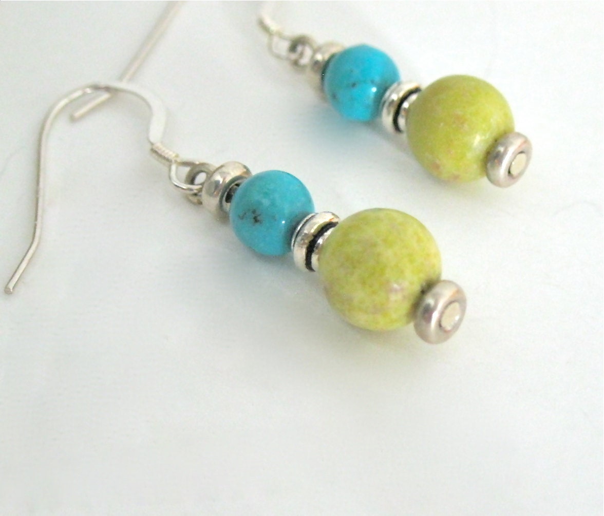 Turquoise Earrings Yellow Lime Green Jade Stone Sterling Silver Handmade Jewelry OOAK Spring Beach