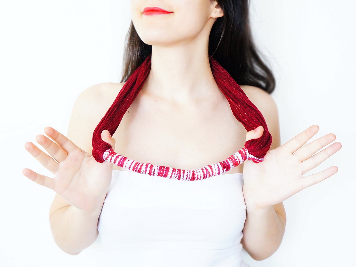 SCARF // Handmade Infinity Eternity Scarf Noodle Scarves Cotton Fashion Neckwarmer Circle Necklace Chunky Cowl Burgundy Red White