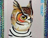 Great Horned Owl portrait N50 on a playing cards. Original acrylic painting. 2012